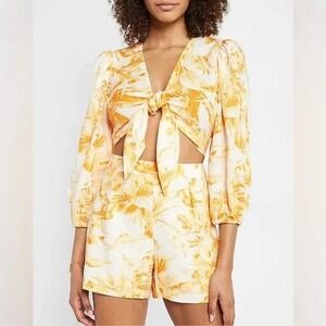 Express Yellow Floral Crop Top & Short Set Linen Blend Summer Boho XS NWOT